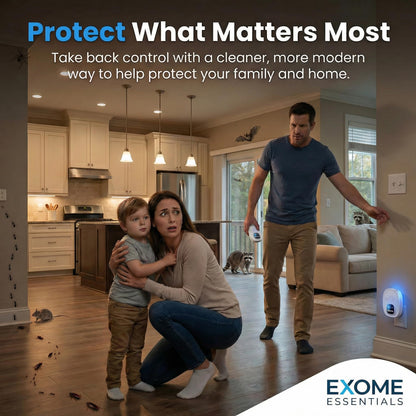 Exom Essentials GRX-25 Ultrasonic Pest Control 6-Pack: Indoor Plug-in Mice, Rodent, Squirrel, Insect Repellent & Roach, Ant, Spider,Bats, Bed Bug, Squirrel, Flea and Mouse Trap Alternative for Home