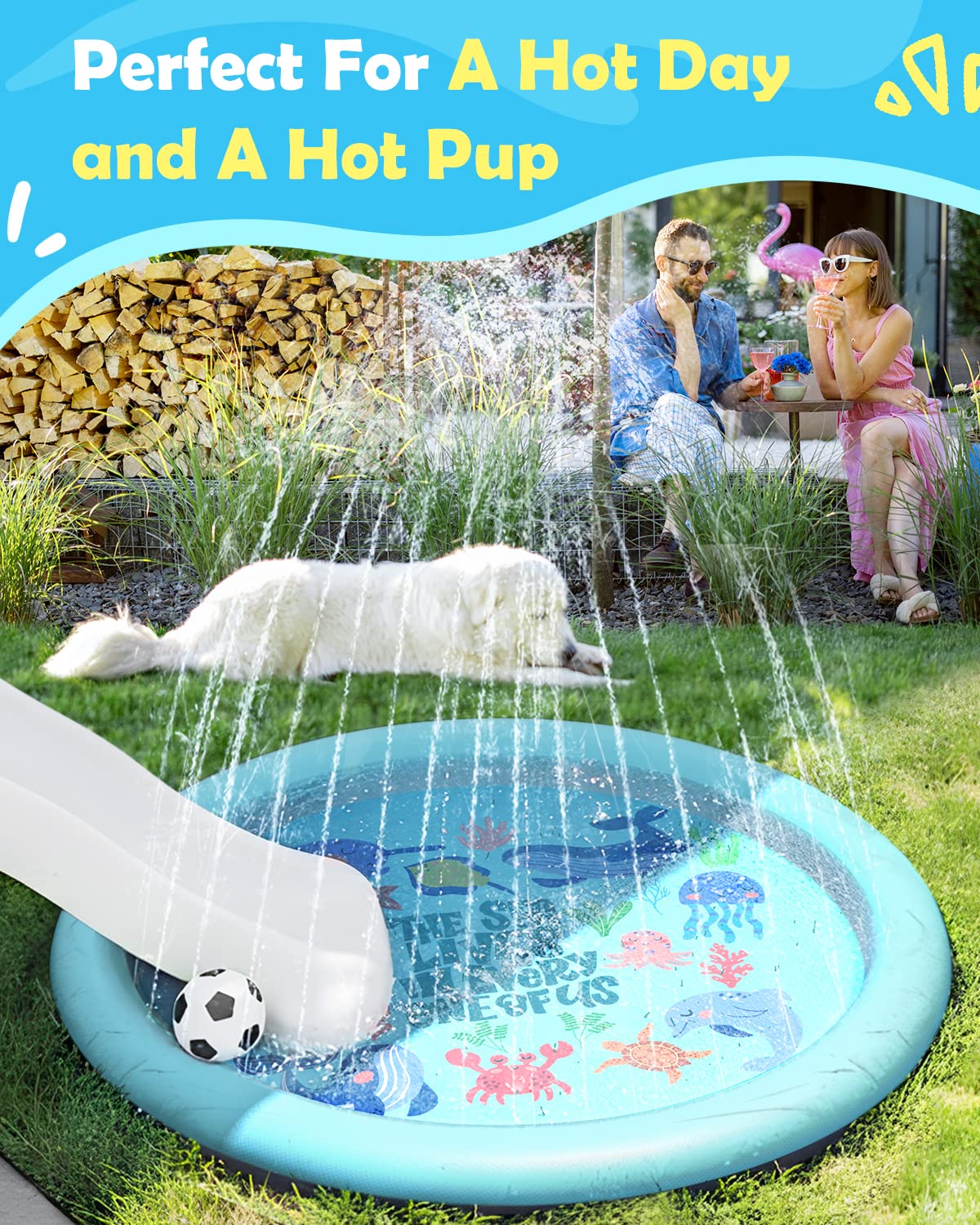 Peteast Anti-Slip Ocean-Themed Splash Pad for Kids and Dogs - 67in 0.58 mm Thicken Sprinkler Dog Pool for Summer Outdoor Water Toys - Fun Backyard Play Mat for Children and Pets