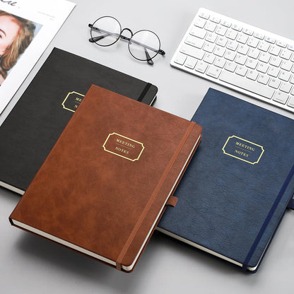 EMSHOI Meeting Notebook for Work with Sticky Tabs - 240 Pages, A4 Size Project Planner, PU Leather Meeting Agenda/Minutes Organizer for Women Men, Note Taking, Office & Business, 8.3"x11.7", Coffee