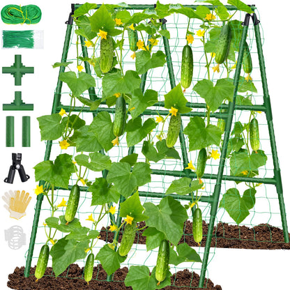 Sunwinx 35x51 Inch Cucumber Trellis for Raised Bed, Adjustable A-Frame Garden Trellis for Climbing Plants Outdoor with Climbing Net, Meal Plant Trellis for Vegetables Pea Bean Tomato Squash Grape