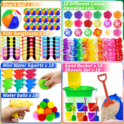 Oleitodh 126 Pcs Kids Summer Beach Party Favor Bulk-Includes 18 Inflatable Beach Balls, 36 Sand Bucket&Shovel Set, 18 Neon Sunglass, 18 Water Guns,18 Water Balls,18 Hawaiian Leis for Luau Party Decor
