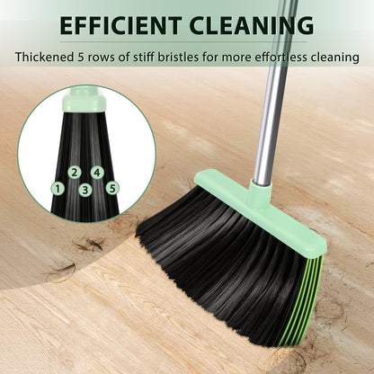 YZO Broom and Dustpan Set, 54.33 Inch Long Handle Standing Design, Dustpan Front Rubber Tight Seal, Broom with 5 Layer Bristles, Suitable for Living Room, Bedroom, Yard, Office and Apartment(Green)
