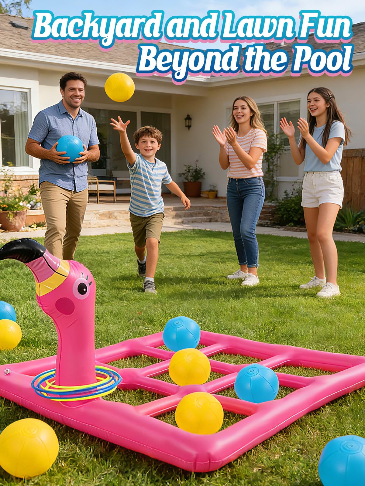 2 in 1 Flamingo Pool Games Toys Set - Inflatable Tic-Tac-Toe & Ring Toss for Family, Adults, Teens, Kids, Outdoor Summer Swimming Pools Party Water Game with 10 Balls & 6 Rings for 2-10 Players