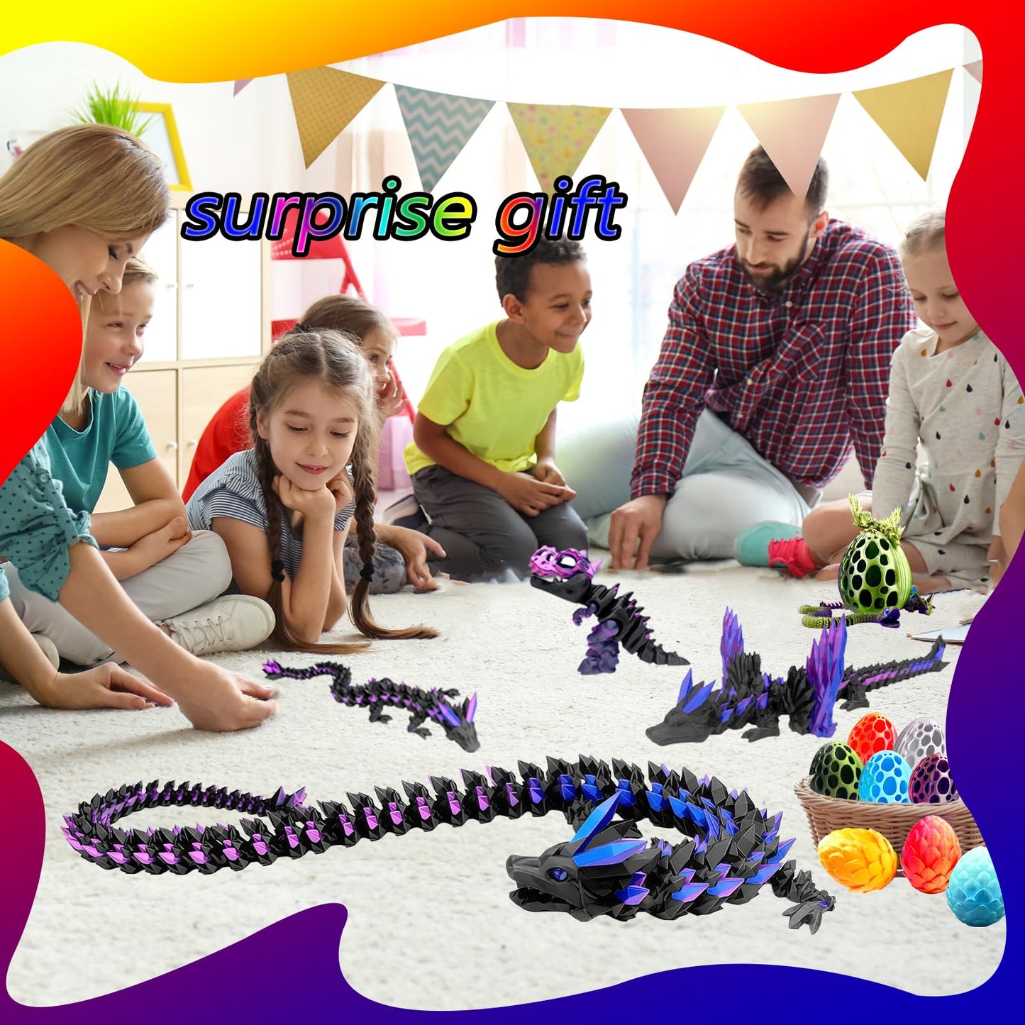 TJYZGXQ 4 Pcs 24in 3D Printed Dragon，Large Fidget Toy，Flying Dragon，Dinosaur，Cool Large Crystal 3D Printed Animals，Desk Toy，6-8 8-12 Gifts for Boys，Teen，Girl，Adult Gift Easter Basket Stuffers