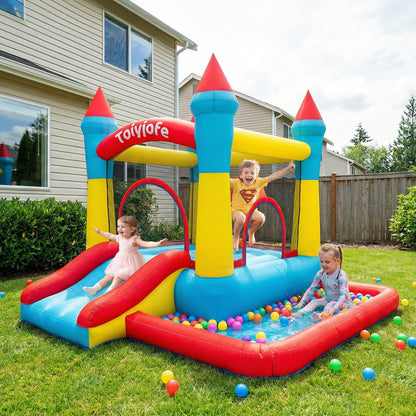 Bounce House for Kids 3-6, with Slide & Ball Pit & Hoop, 5-in-1 Small Indoor Outdoor Inflatable Bouncy Castle, Toddler Jump House for Backyard Family Home Birthday Party, Includes 370W Blower