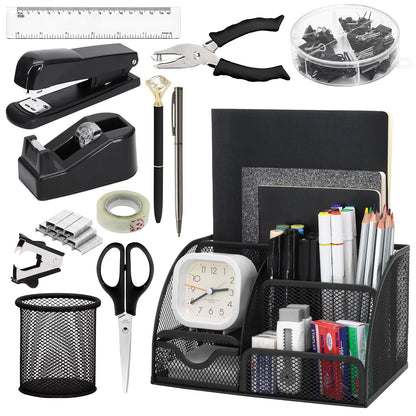 SYMDROMIA 13-in-1 Office Desk Organizer Set with Stapler and Tape Dispenser, Pen Holder, Scissors, Ruler, Hole Punch, 2 Pens & More Desktop Accessories for Back to School Supplies (Black)
