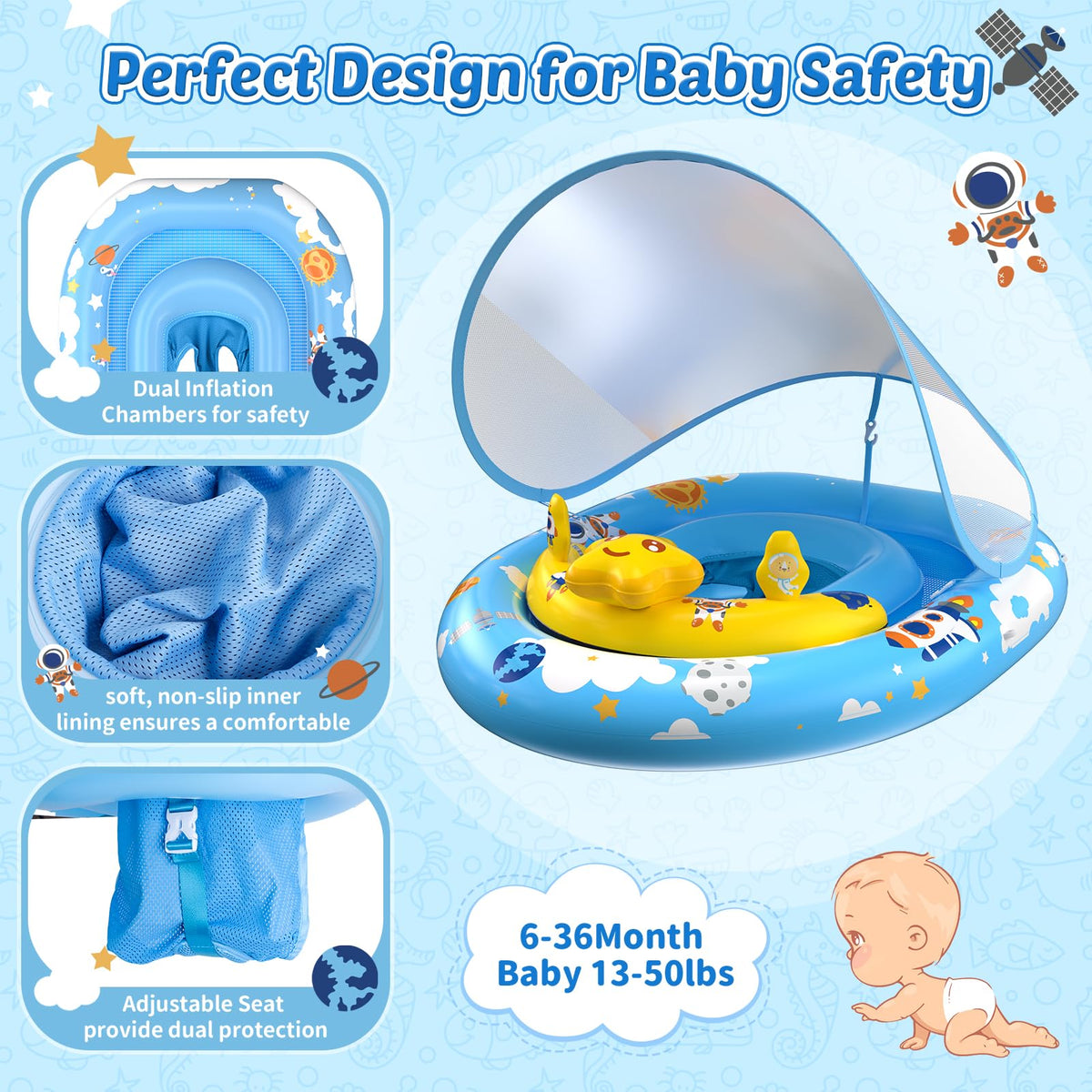 Baby Pool Float with Canopy UPF50+ Sun Protection, Baby Swimming Float with Toy Play Console, Toddler Pool Floats with Adjustable Safety Seat for Kids Infant Todder Girls Boys Aged 6-36 Months (Blue)