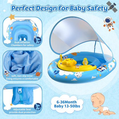Baby Pool Float with Canopy UPF50+ Sun Protection, Baby Swimming Float with Toy Play Console, Toddler Pool Floats with Adjustable Safety Seat for Kids Infant Todder Girls Boys Aged 6-36 Months (Blue)