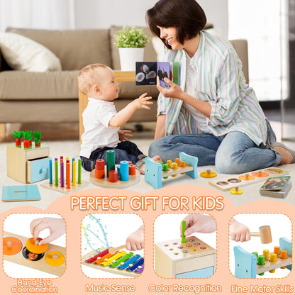 WOODMAM Wooden Montessori Toys for 1+ Year Old, 9 in 1 Learning Educational Toys for Toddler with Educational Box, Xylophone, Pound Bench, Shape Puzzle and More, Baby Toy Gift for 13-18 Months