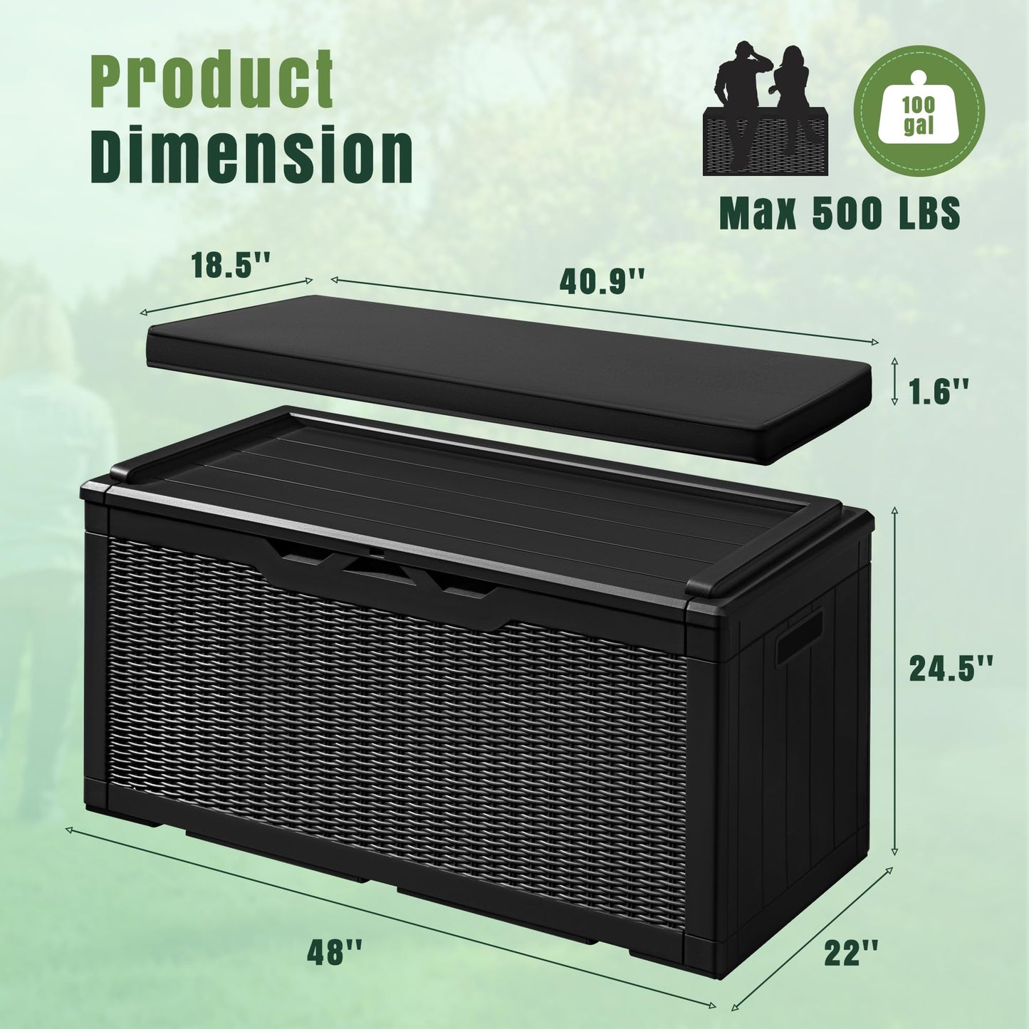 Greesum 100 Gallon Resin Deck Box Large Outdoor Storage with Cushions for Patio Furniture, Garden Tools, Pool Supplies, Weatherproof and UV Resistant, Lockable, Black