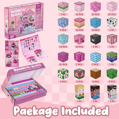 ADAH 216PCS Magnetic Building Blocks for Girls, Pink Princess STEM Toys for Ages 4-8, Creative Educational Building Toys for 3-6 Year Olds, Magic Blocks for Kids
