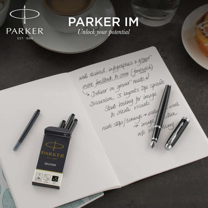 Parker IM Fountain Pen, Black Lacquer with Gold Trim, Fine Nib, Blue Ink Refill, Elegant Gift Box