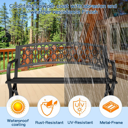 Maemttes Outdoor Bench Garden Benchs, Weatherproof Anti-Rust Heavy-Duty Outside Bench Clearance, Wrought Iron Metal Bench for Front Porch, Patio, Park, Ergonomic Backrest, Slatted Seat