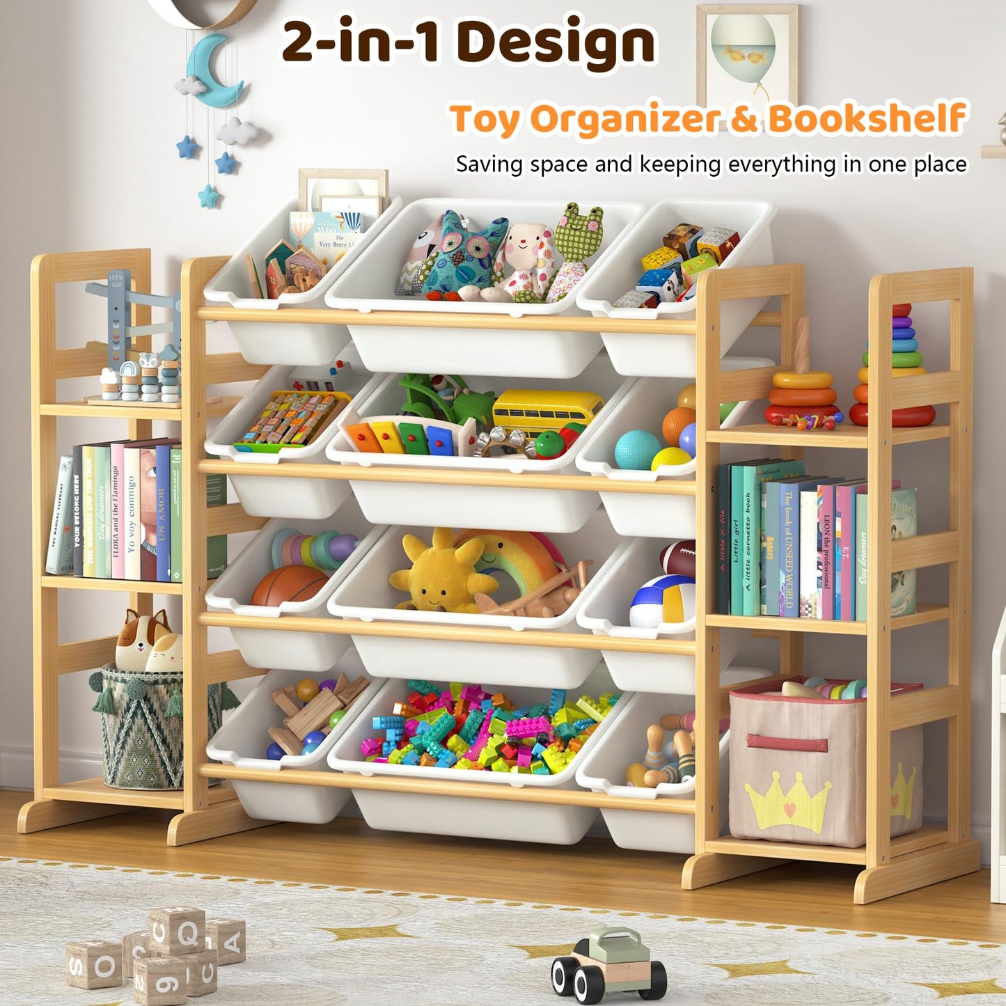 Ratulie Large Toy Storage Organizer Kids Toy Organizer and Bookshelf Combo with 12 Bins and 6 Shelves Toy Organization Box Toy Shelf for Playroom, Bedroom, Nursery