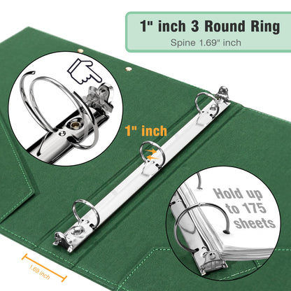 Ospelelf 3 Ring Binder 1 Inch Binder Organizer with Zipper Pouch, Linen Hardcover Portfolio Clipboards for Letter Size (8.5" x 11"), 5 Plastic Binder Dividers with 10 Pockets (Green)