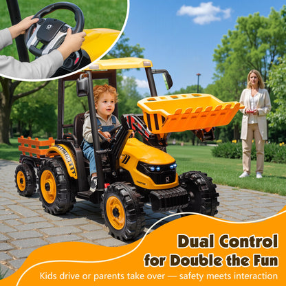 Albott 24V Ride on Tractor for Kids with Trailer & Front Loader, 3-in-1 Electric Construction Vehicle, Dual Motors, All-Terrain Wheels, LED Lights, Outdoor Gift for Boys Girls Ages 3-8 (Yellow)