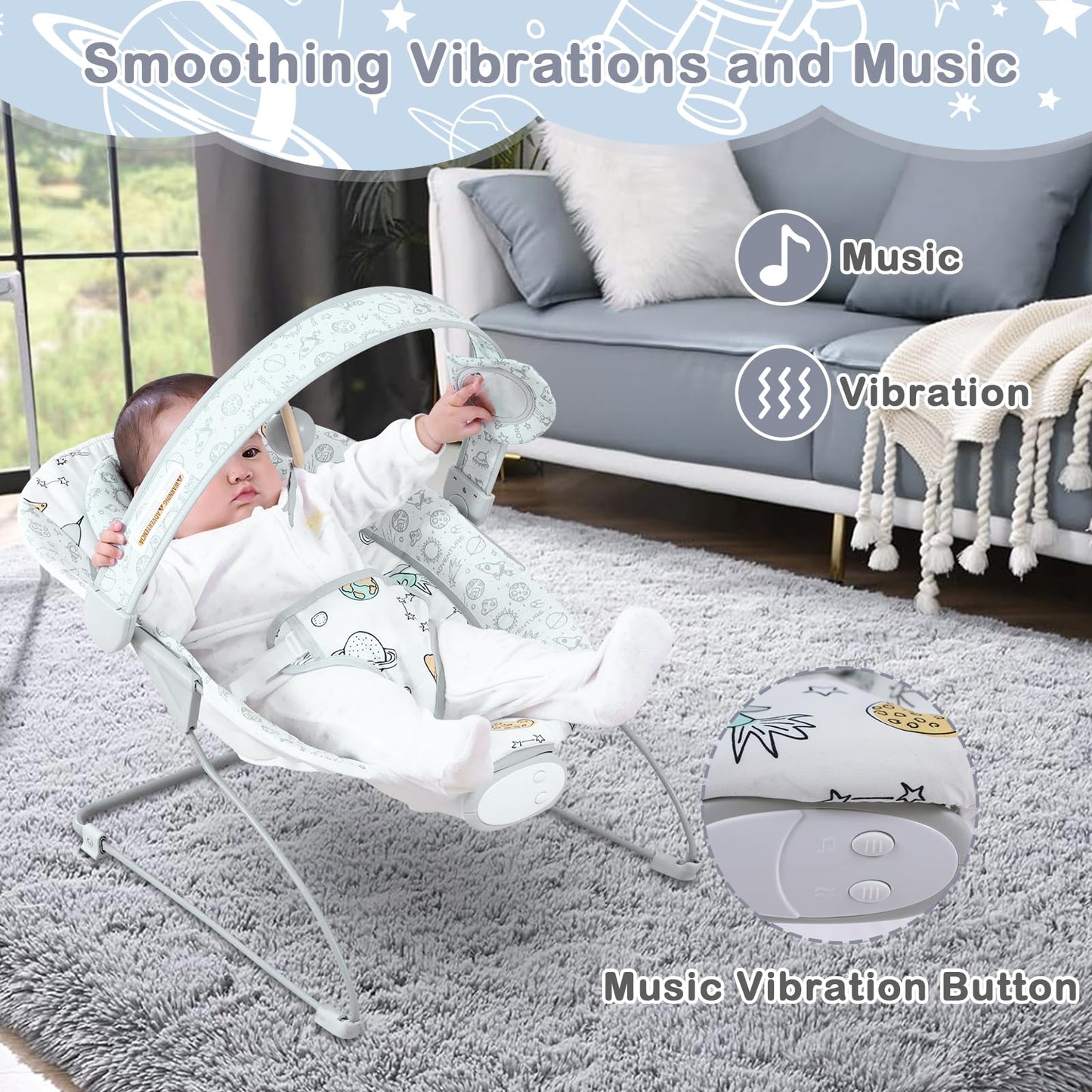 Otrolepota Baby Bouncer, Infants Bouncy Seat with Music and Vibrations,Portable Baby Rocker for Newborns Indoor Outdoor Use 0-6 Months Up to 20 lbs