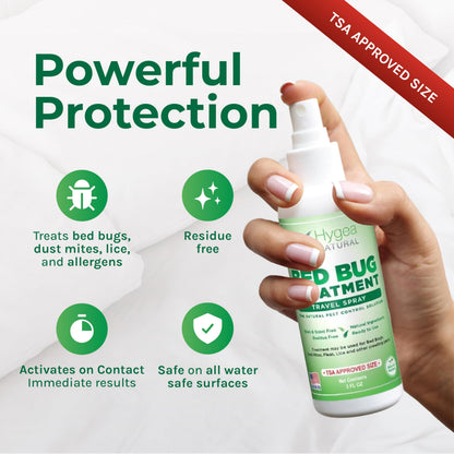 Hygea Natural Lice, Mite, and Bed Bug Killer Travel Spray - TSA Approved Size – Child & Pet Friendly – Immediate Results – Stain & Odor Free, for Hotels, Suitcase, Backpack, Shoes, Bed Bug Spray(3oz)