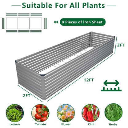 DIIYIV Galvanized Raised Garden Bed Kit Outdoor Patio,12x2x2ft Large Rectangular Metal Planter Boxes,Deep Root Box Planter for Gardening,Vegetables,Flowers,Herbs-Silver