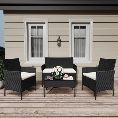 GAOMON 4 Piece Patio Furniture Set, Modern Patio Conversation Set with Glass Coffee Table, PE Wicker & Cushions for Poolside, Deck, Balcony, Black & Beige