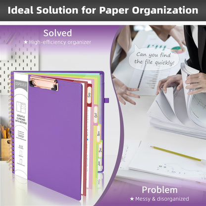Ospelelf Leather Spiral Clipboard Folder with Storage Zipper Pouch, Foldable Clipboard Folio with Notepad for Letter Size, 5 Folders with 10 Pockets, 39 Divider Label Stickers (Purple)