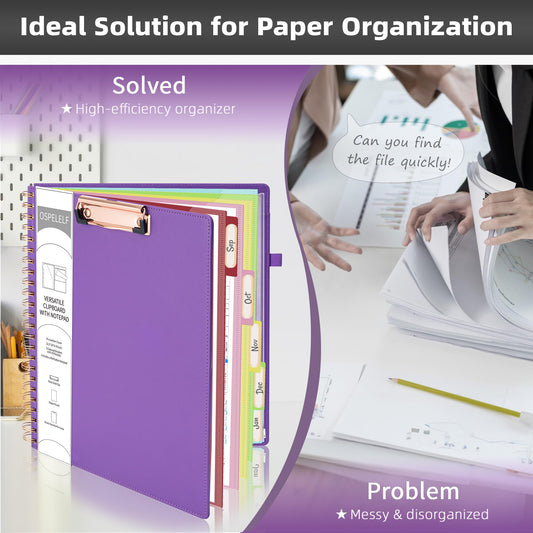 Ospelelf Leather Spiral Clipboard Folder with Storage Zipper Pouch, Foldable Clipboard Folio with Notepad for Letter Size, 5 Folders with 10 Pockets, 39 Divider Label Stickers (Purple)