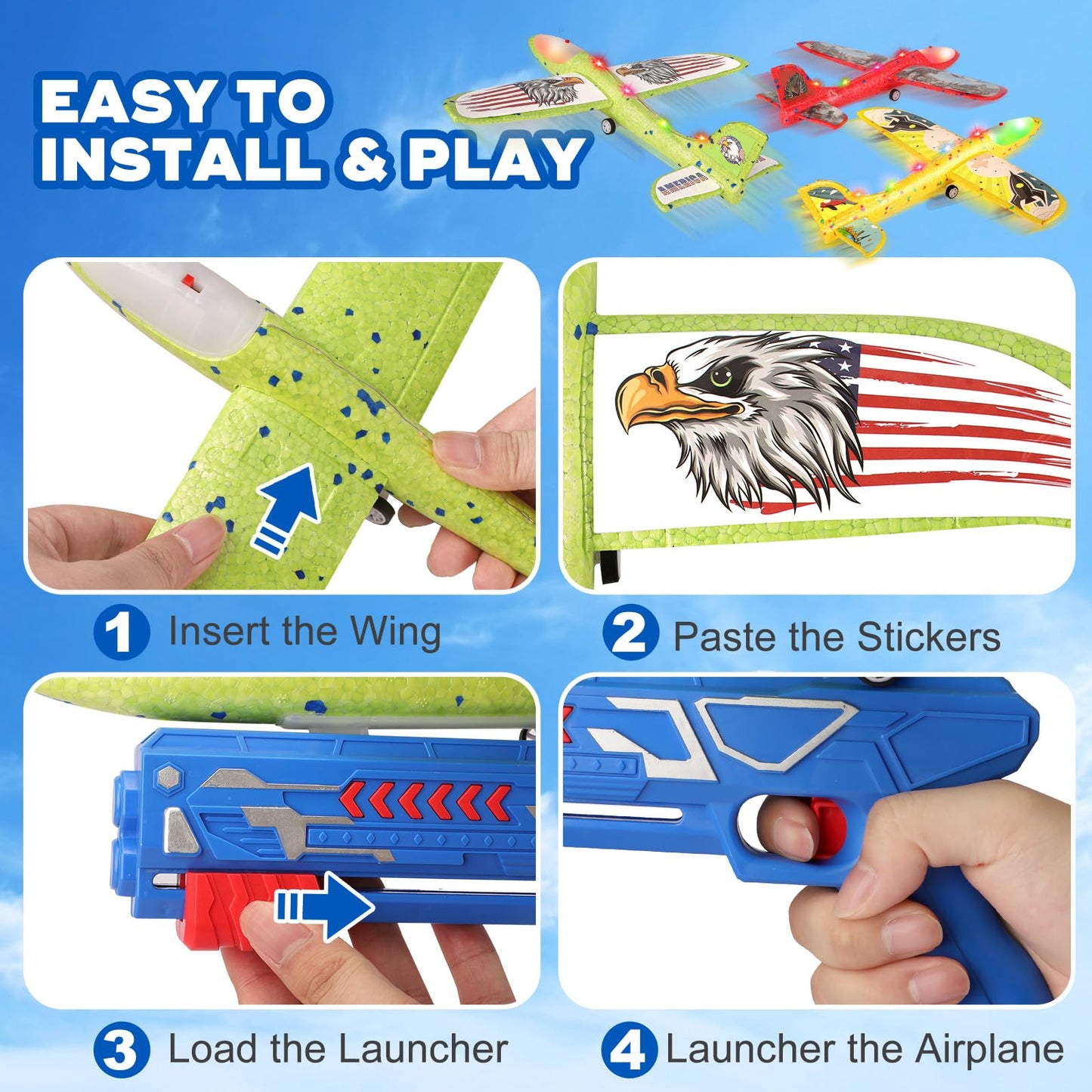 3 Pack Airplane Launcher Toy for Kids, 12.6" LED Foam Glider Plane, 2 Flight Mode Catapult Plane Boy Toys with Stickers, Outdoor Flying Toys Birthday Gifts for 4 5 6 7 8 9 10 12 Year Old Boys Girls