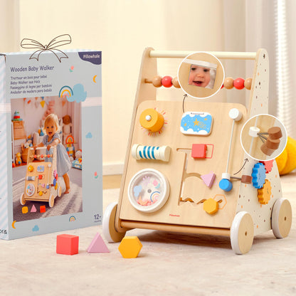Pillowhale Wooden Baby Walker for Toddlers Learning to Walk, Push Walker Toy with Montessori Activity Center & Adjustable Brake, 12M+ (Spring Bird)