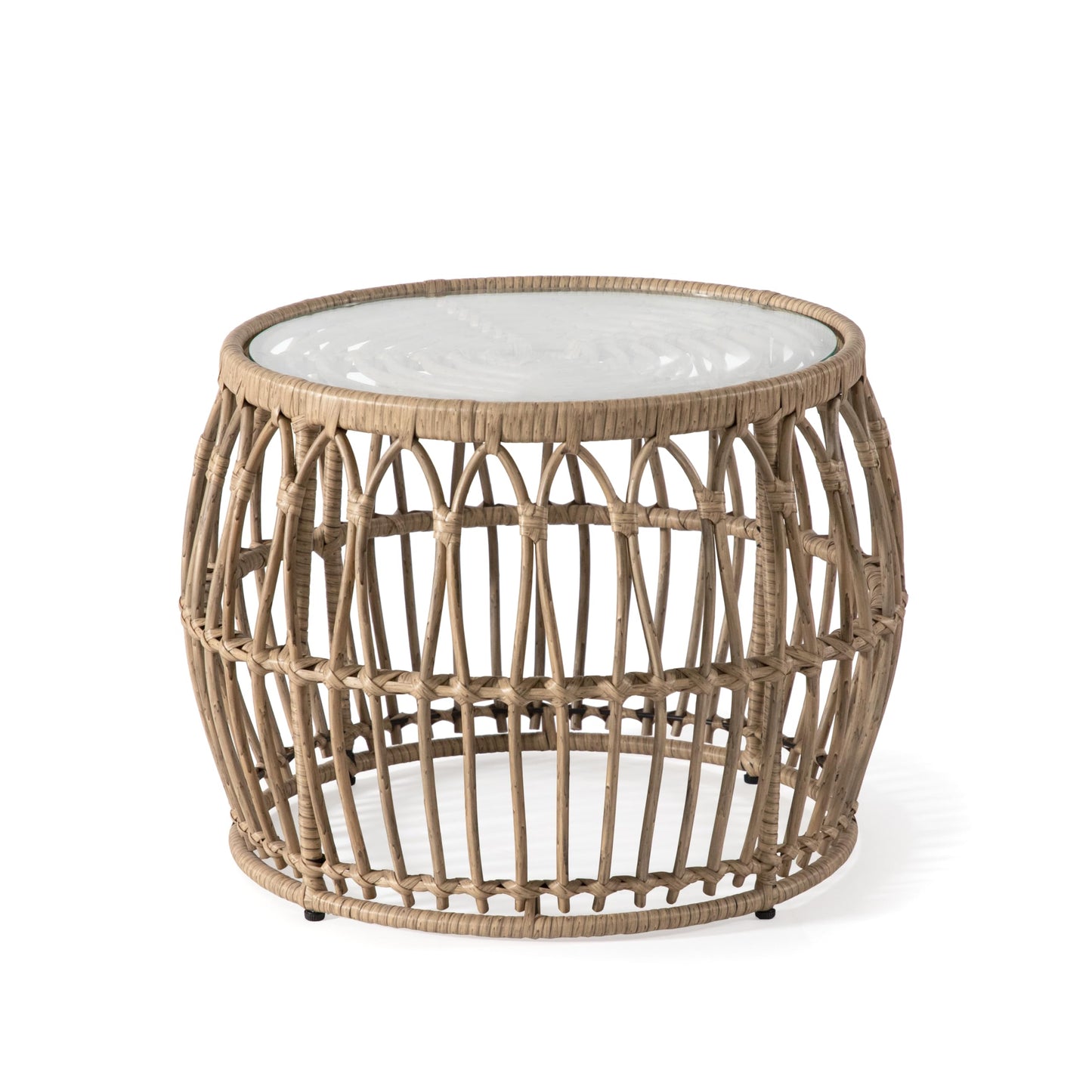 Furniture of America Ysar Boho Rattan Round Coffee Table Outdoor with 5mm Tempered Glass Top, All-Weather and Rust Resistant Patio Furniture