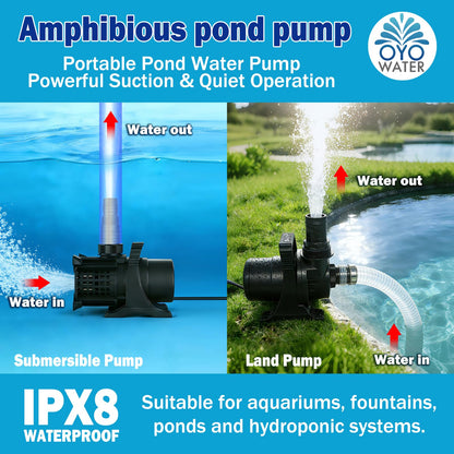 OYO WATER UL-Certified 325W 5100GPH High Flow Adjustable Pond Pump with 20.3ft Power Cord, Submersible Inline Pump for Koi Ponds, Cascades, Drainage, UL Safety Rated for Outdoor Use
