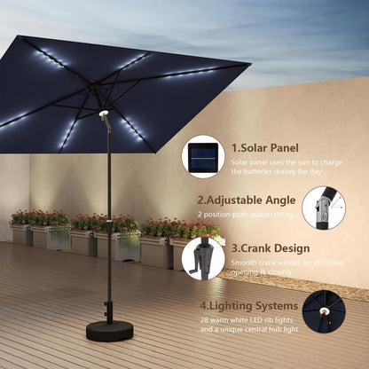 C-Hopetree 6.5 x 10 ft Rectangular Outdoor Patio Market Table Umbrella with Solar LED Lights, Navy Blue