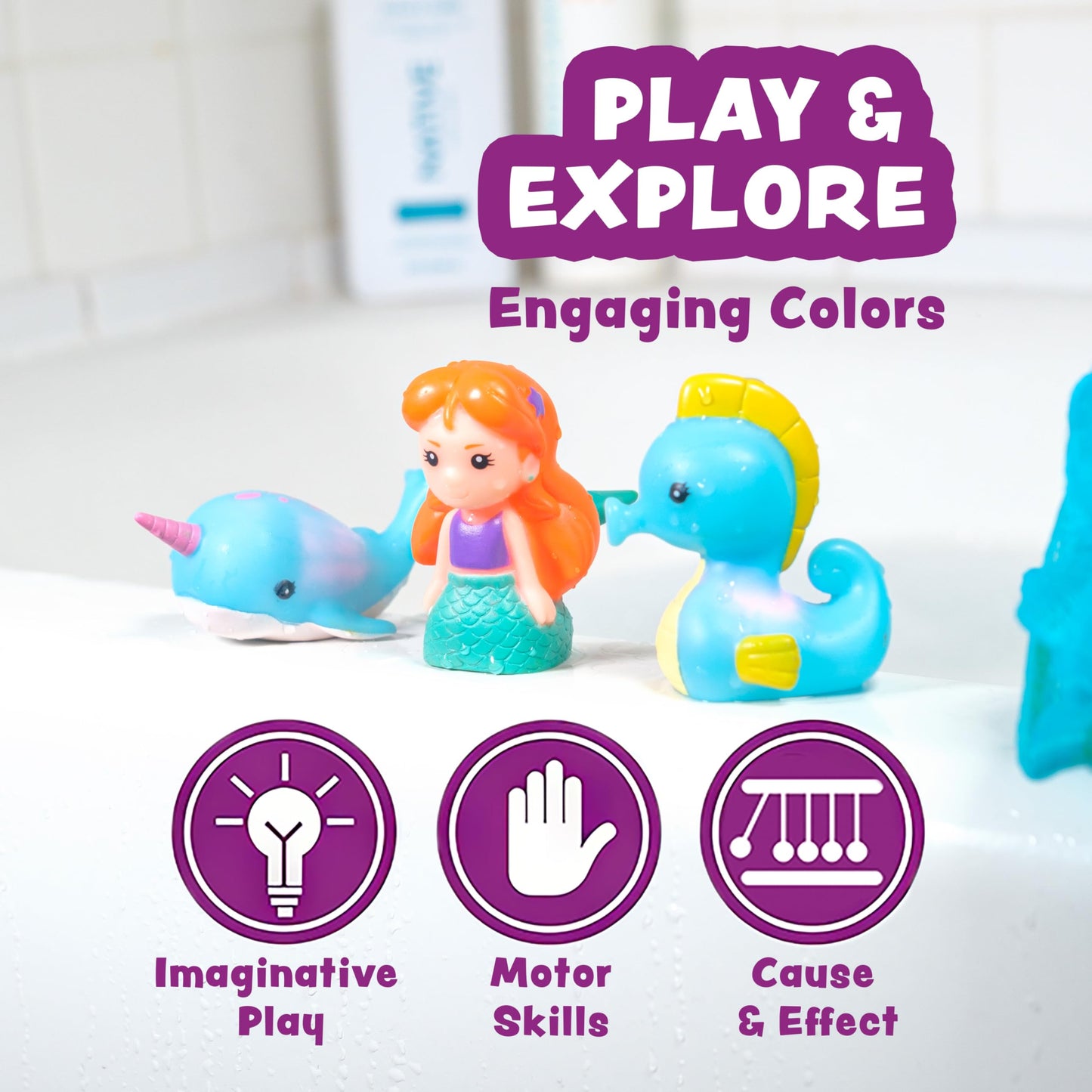 Tub Works® Mermaid Lagoon™ Light Up Bath Toys, 6 Pack | Water-Activated Light Up Toys Flash & Change Color | Easy-Grip Baby Girl & Toddler Bath Toys | Sensory Mermaid Toy Bathtub Toys with Bath Lights