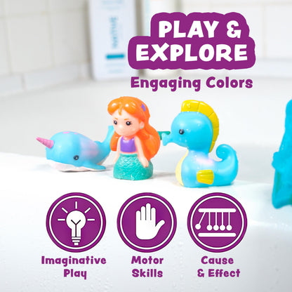 Tub Works® Mermaid Lagoon™ Light Up Bath Toys, 6 Pack | Water-Activated Light Up Toys Flash & Change Color | Easy-Grip Baby Girl & Toddler Bath Toys | Sensory Mermaid Toy Bathtub Toys with Bath Lights