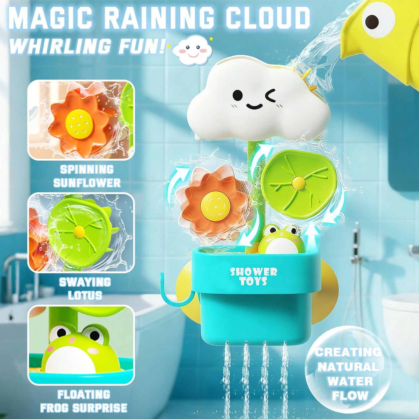 TXTLDB Bath Toys for Toddlers 1-3, Cloud Rain Watering Toy with Rising Frog & Spinning Lotus - Interactive Sensory Play for Bathtub, Educational Gift for Baby Boys Girls 18M+
