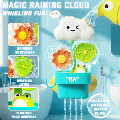 TXTLDB Bath Toys for Toddlers 1-3, Cloud Rain Watering Toy with Rising Frog & Spinning Lotus - Interactive Sensory Play for Bathtub, Educational Gift for Baby Boys Girls 18M+