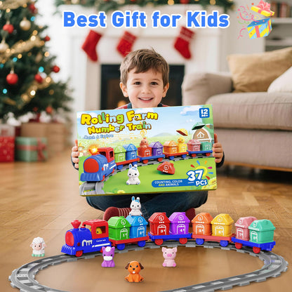 Cmiolacuna Train Set for Toddlers 2-4, Electric Toy Train with Farm Animals & Music & Lights, Montessori Counting & Sorting Learning Toys for 1 2 3 Year Old Boys Girls, Christmas Easter Birthday Gift
