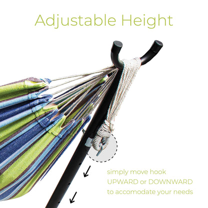 Backyard Expressions Double Camping Hammock with Steel Stand & Carrying Bag, Adjustable Height, Ultra Soft Cotton Blend, 550 lb Capacity, Indoor & Outdoor Portable Hammock