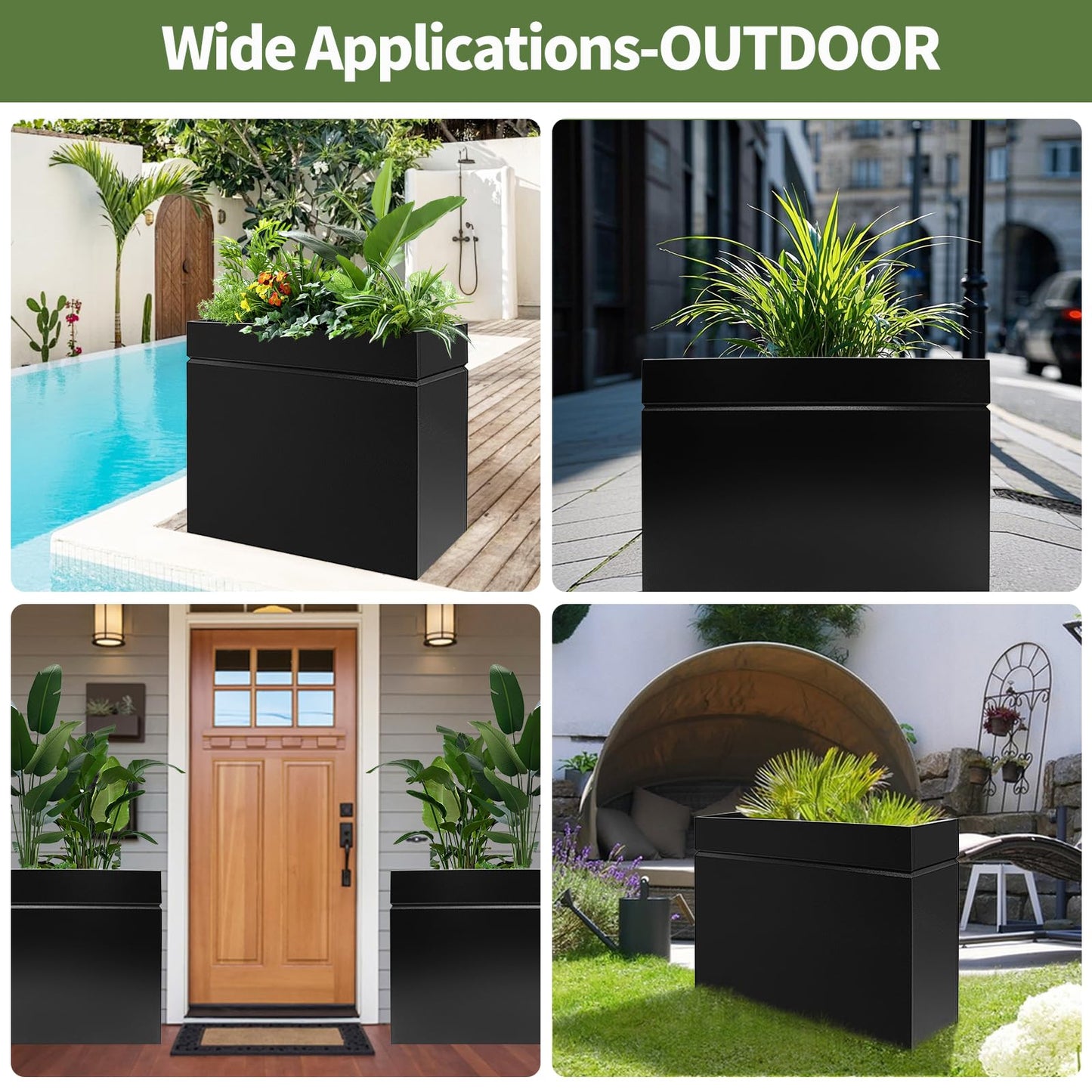 HONYTA Metal Rectangular Planter Box, Powder Coating Steel Large Planters 35" L x 12" W x 26" H with Drainage Hole, Indoor Outdoor All-Weather Use for Home, Porch, Patio, Garden(Black)