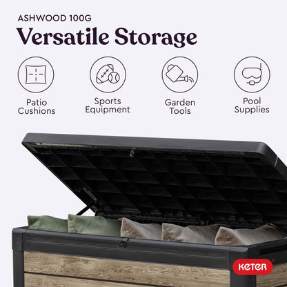 Keter Ashwood 100 Gallon Resin Deck Box Organization and Storage for Patio Furniture Outdoor Cushions, Throw Pillows, Garden Tools and Pool Toys, Brown