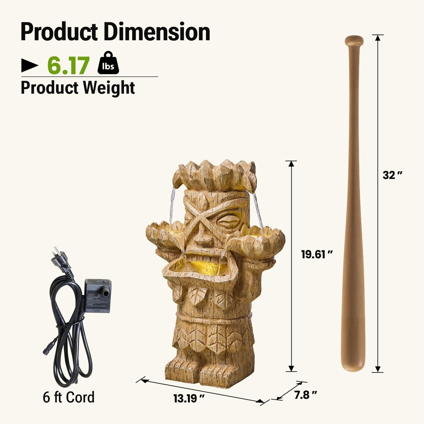 Dalxo 20-Inch Outdoor Water Fountain, 3-Tier Polynesian Tiki Head Resin Waterfall Fountain with 4 Warm LED Lights, Home Art Decor for Garden, Patio, Yard, Deck, Porch, Deck or Lawn in Natural Wood