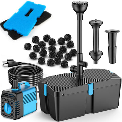 FEOXSHAL Pond Filter with Fountain Pump Kits, 50W 660GPH Pond Pump and Filter Kit with Submersible Water Pump Flow Ajustable for Outdoor Ponds Koi Pond Garden Fish Tank Water Features