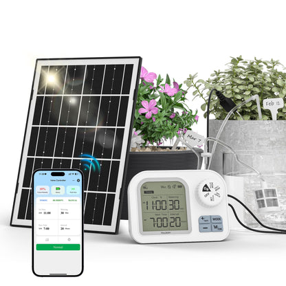 Raddy WS-74 Solar Drip Irrigation System with Smart APP Control, IPX7 Waterproof, Adjustable Soil Moisture Sensor, 2600mAh Battery, Automatic Watering Kits for Indoor Outdoor 15 Potted Plants