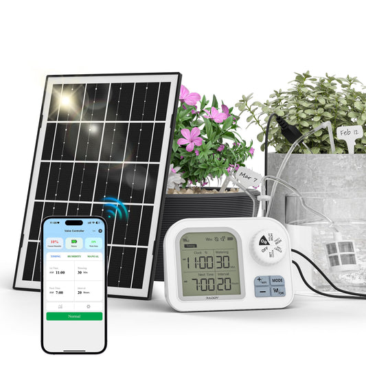 Raddy WS-74 Solar Drip Irrigation System with Smart APP Control, IPX7 Waterproof, Adjustable Soil Moisture Sensor, 2600mAh Battery, Automatic Watering Kits for Indoor Outdoor 15 Potted Plants