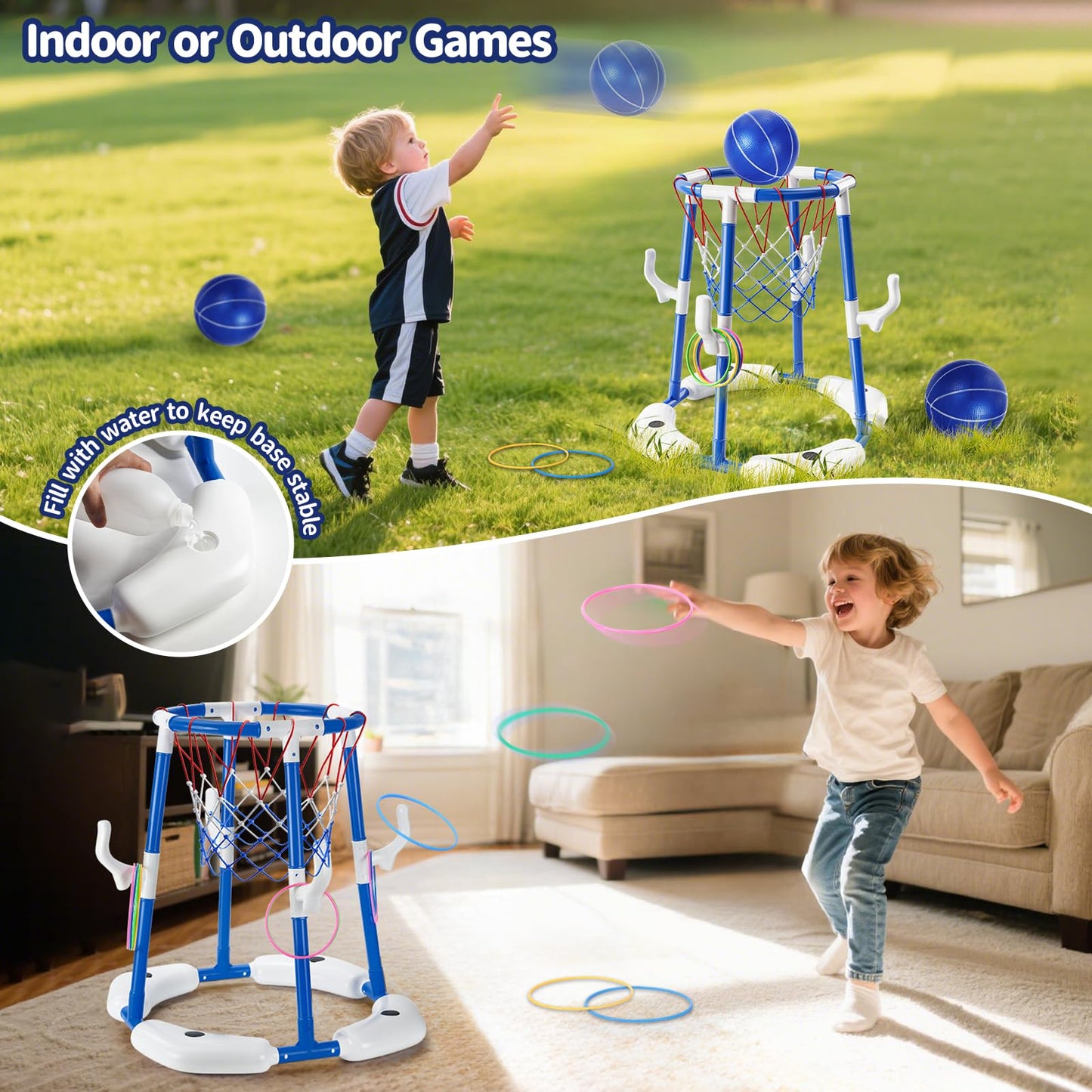 Sitodier Pool Basketball Hoop for Kids, 2-in-1 Floating Pool Basketball Play Toys and Ring Game with 4 Balls and Pump, Outdoor Summer Swimming Pool Basketball Games Family Party for Kids Adults (Blue)