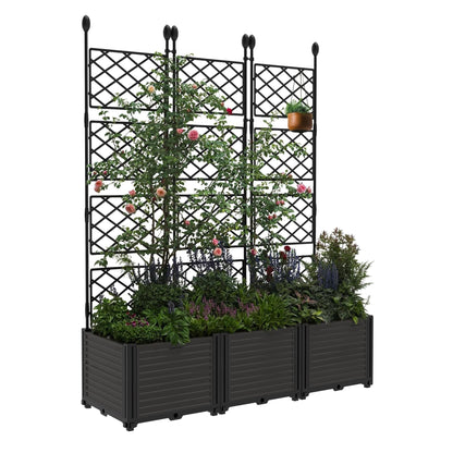 BouPower 4pcs Raised Garden Bed with Trellis & Privacy Screen, 63" h Tall Vertical Planter Box for Climbing Plants, Outdoor Garden Planter Box with Drainage Holes for Patio Balcony, Black
