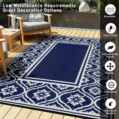 HUGEAR Plastic Outdoor Rug 6'x9' Waterproof Camping Carpet Outside Reversible Area Rug Blue Rugs for RV Deck Entryance Porch Picnic Balcony Beach
