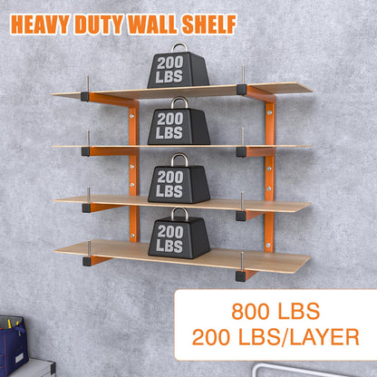 2-Pack Lumber Storage Rack, Wood Storage Racks Wall Mount, Heavy Duty Garage Wood Organizer With 4-Level System, Orange Utility Rack Organization Up 800 Lbs, Metal Lumber Shelf for Indoor and Outdoor