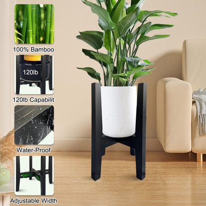 Sholramo Adjustable Plant Stand Indoor Bamboo Mid Century Modern Plants Stand Corner Plants Flower Holders Single Floor Plant Stands- 8.2-11.8 in (Pot & Plant Not Included) (Black, （8.2-11.8in）)