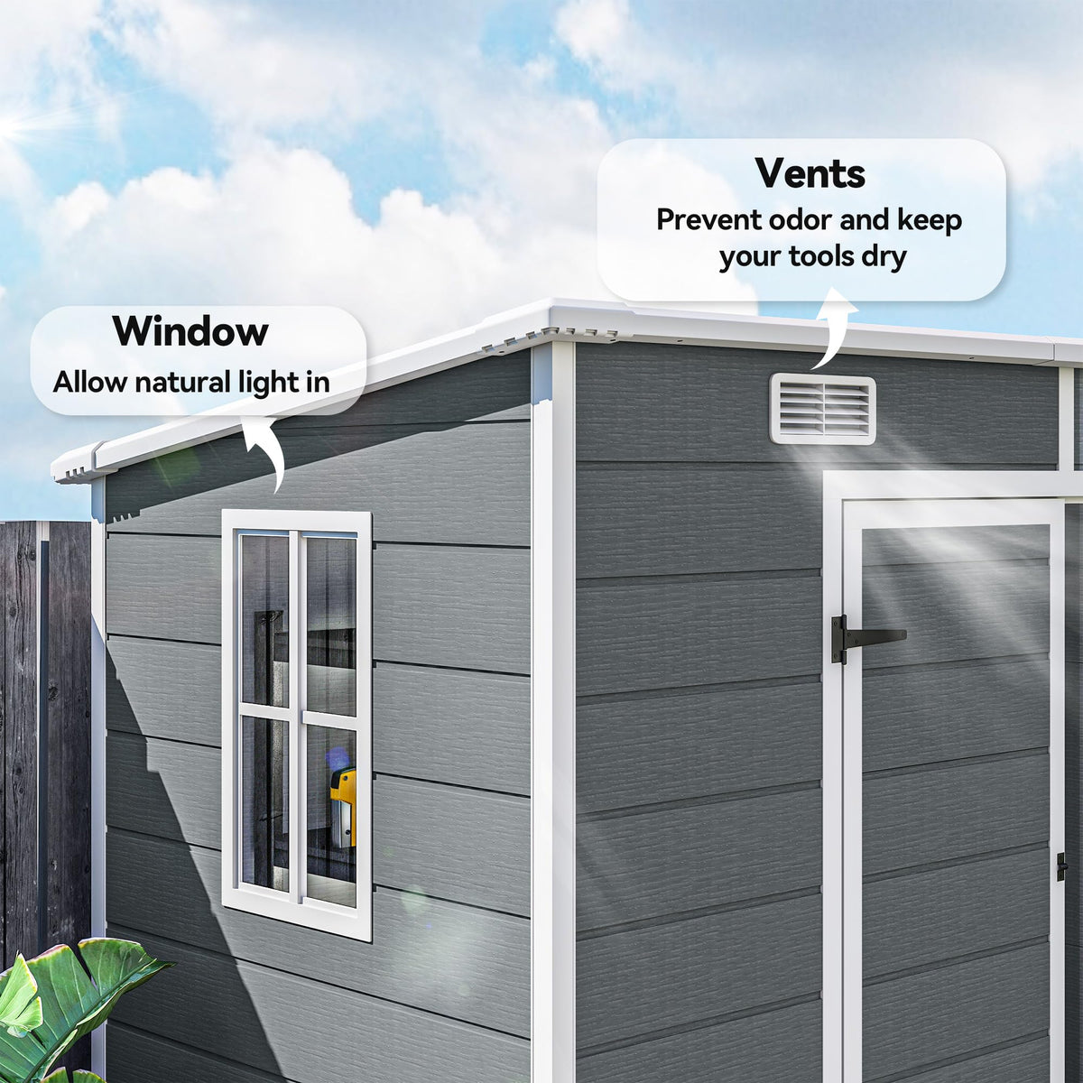 Outsunny 8' x 4' Outdoor Storage Shed, Waterproof Resin Plastic Shed with Floor, Window, Lockable Doors and Vents, All-Weather Garden Tool Shed for Backyard, Patio, Lawn, Gray