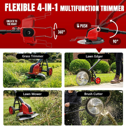 6000mAh Electric Weed Eater Battery Powered,12″ Brushless Electric Weed Wacker Cordless Wheeled String Trimmer,4 in 1 Grass Trimmer/Brush Cutter/Grass Edger/Weed Trimmer 5 Blade, 2 Battery (Red)